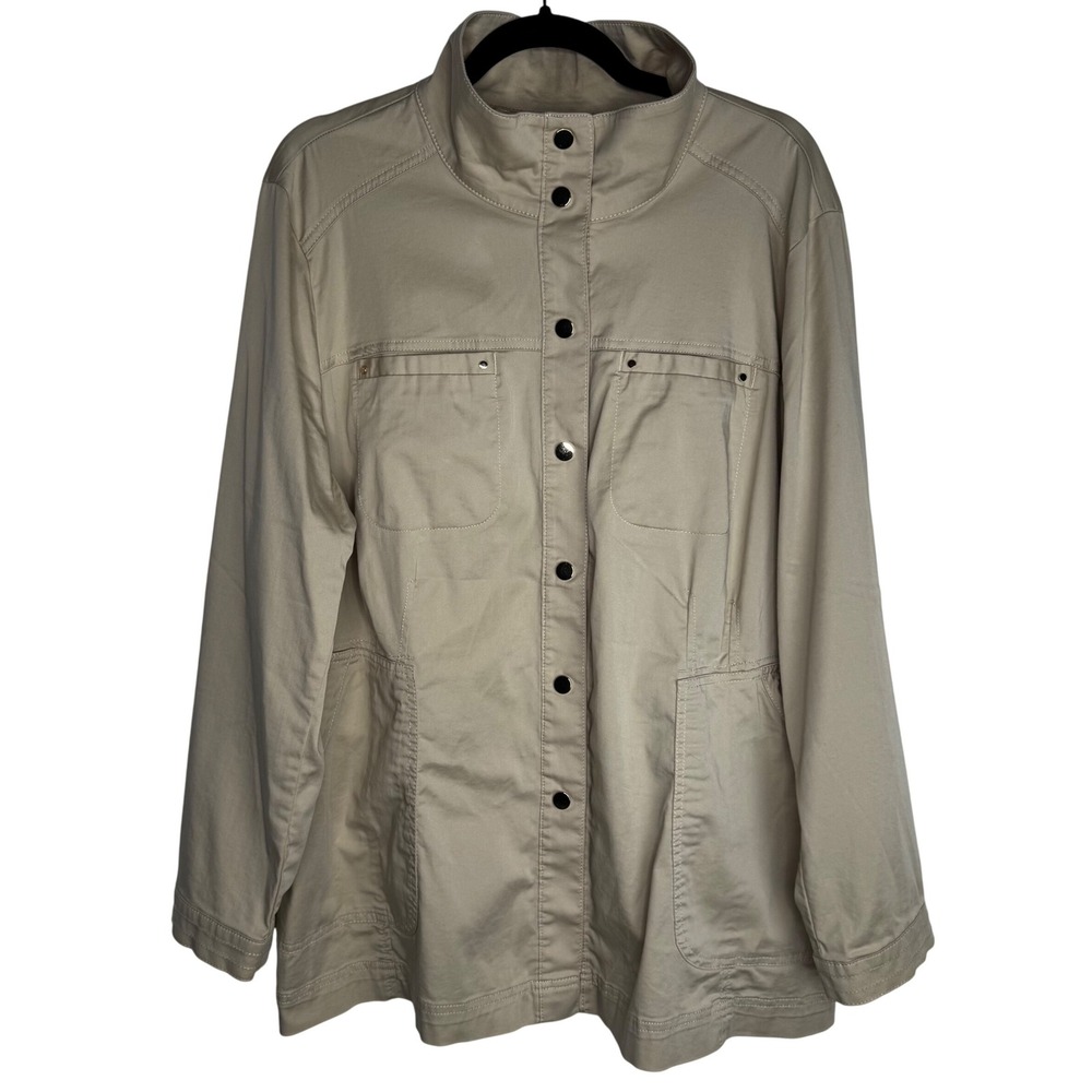Chico's Sz‎ 3 (16/17) Tan Uitility Jacket Army Inspired Jacket Cotton Blend